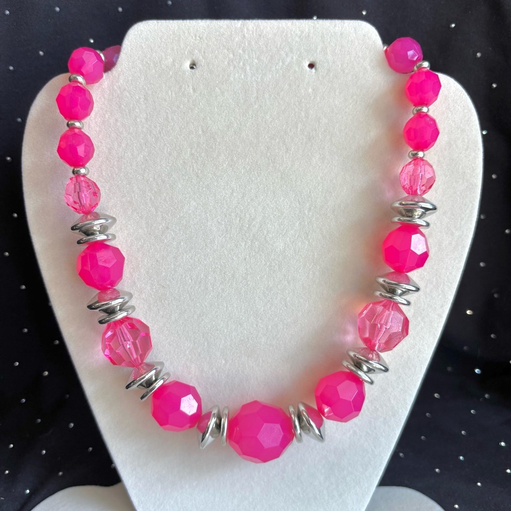 Pink Beaded Necklace with Silver Accents - Women Jewelry